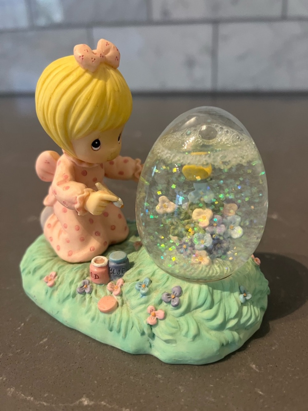 1997 Precious Moments Enesco Girl Painting Easter Egg Water Globe Figurine